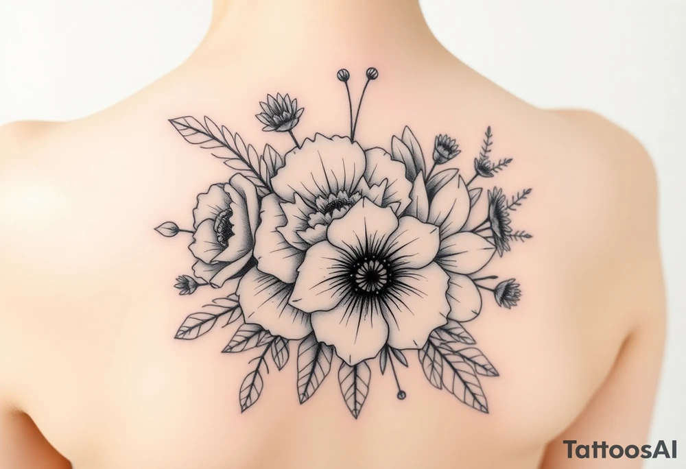 3d realistic Bouquet Carnation rose lily luster and aster flower tattoo idea