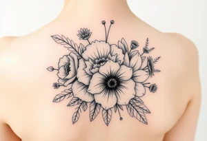 3d realistic Bouquet Carnation rose lily luster and aster flower tattoo idea