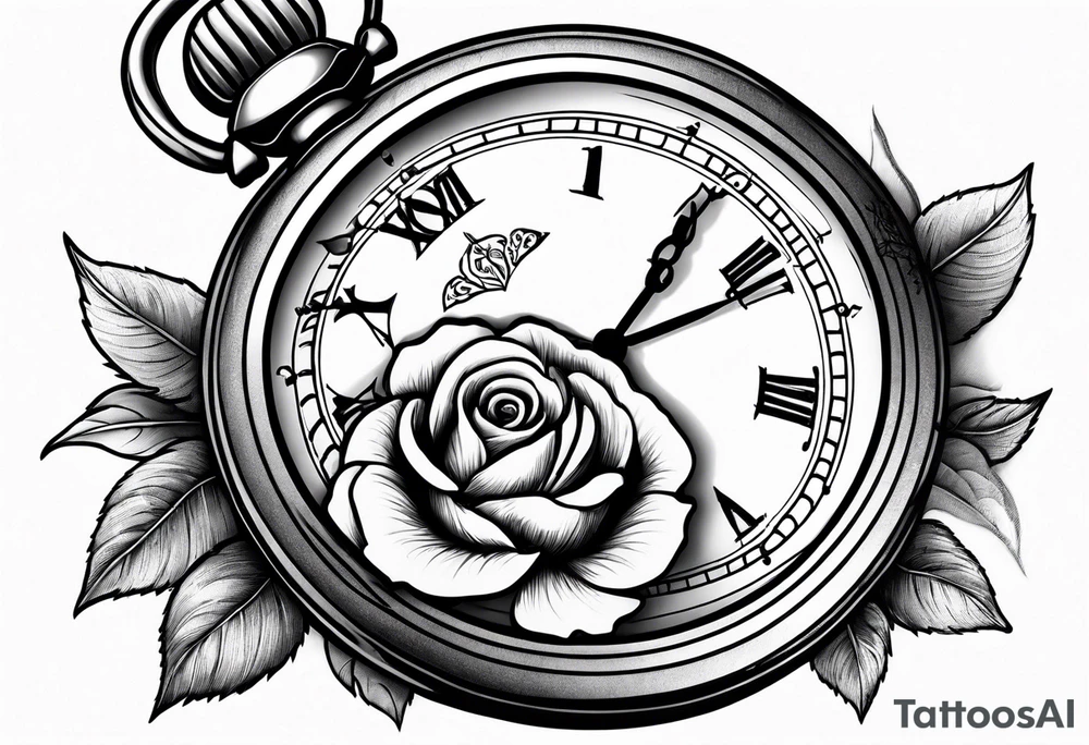 Pocket watch with chain and roses tattoo idea