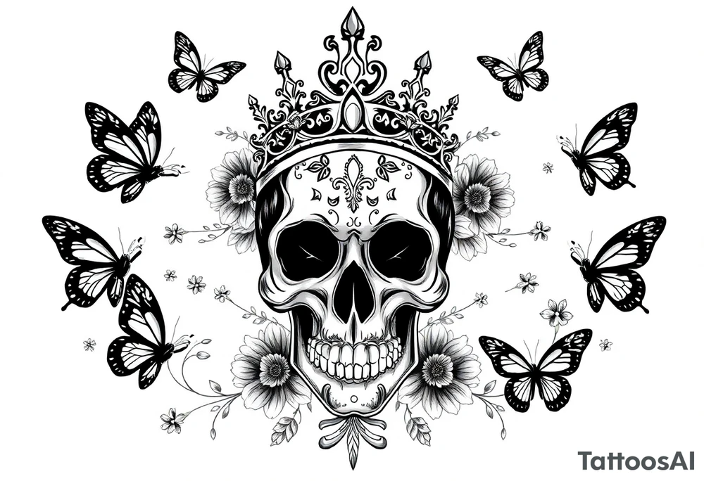 ornate skull adorned with gorgeous crown surrounded by boho flowers and butterflies tattoo idea