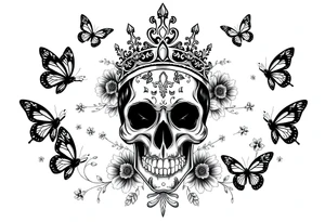 ornate skull adorned with gorgeous crown surrounded by boho flowers and butterflies tattoo idea