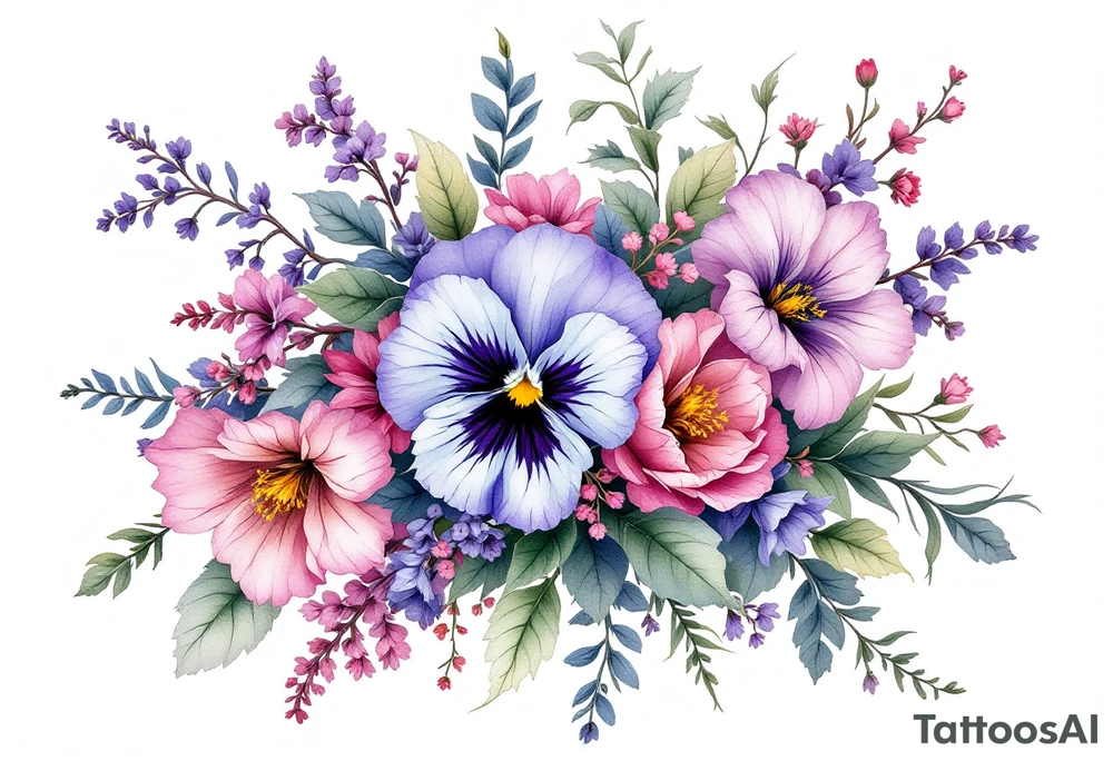 Beautiful Bouquet made up of Heather, pansy, oak leaves, and honeysuckle. tattoo idea