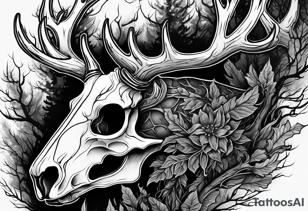 A side view of a decayed deer skull NO SKIN JUST BONE surrounded by trees and FLAMES in background tattoo idea