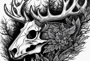 A side view of a decayed deer skull NO SKIN JUST BONE surrounded by trees and FLAMES in background tattoo idea