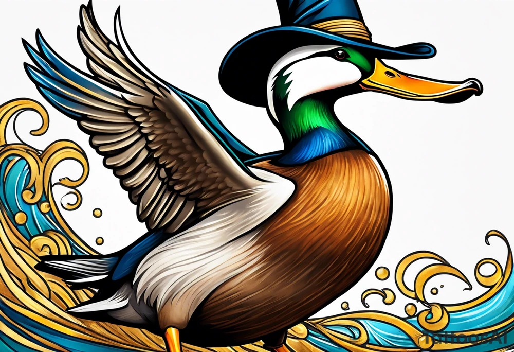 Mallard Duck with a wand and a wizard hat tattoo idea