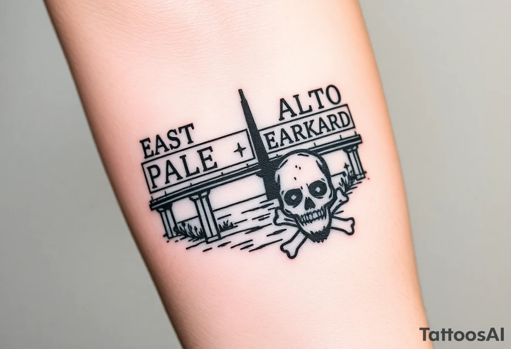 “East Palo Alto” city sign and “Newark” city sign on opposite sides of a bridge going across water in California with skulls and money and  scarface tattoo idea