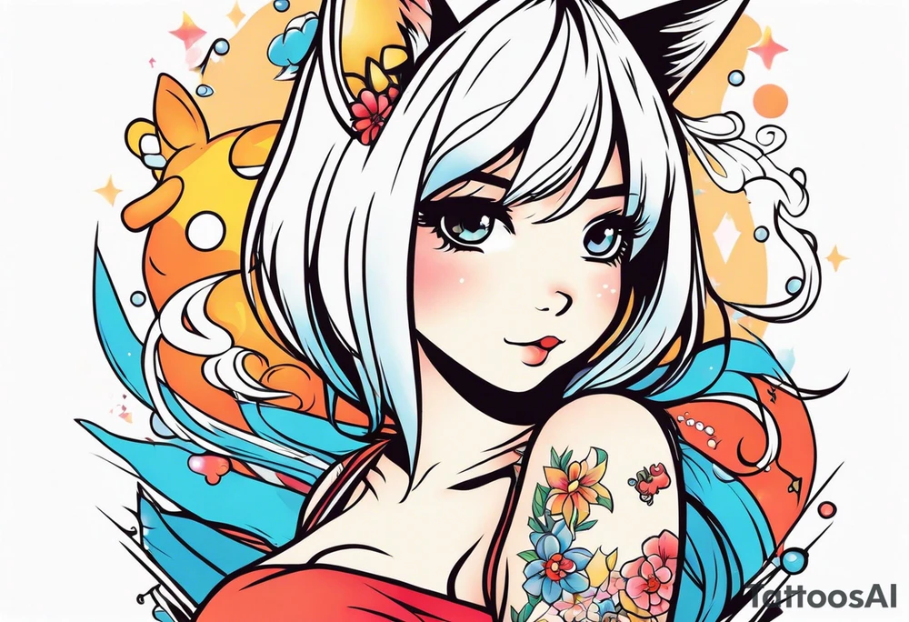 half sleeve tattoo anime neko girl tattoo idea