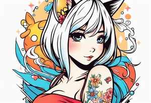 half sleeve tattoo anime neko girl tattoo idea