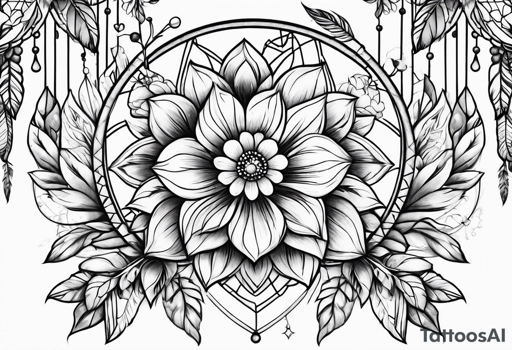 Dream catcher with hearts and flowers tattoo idea