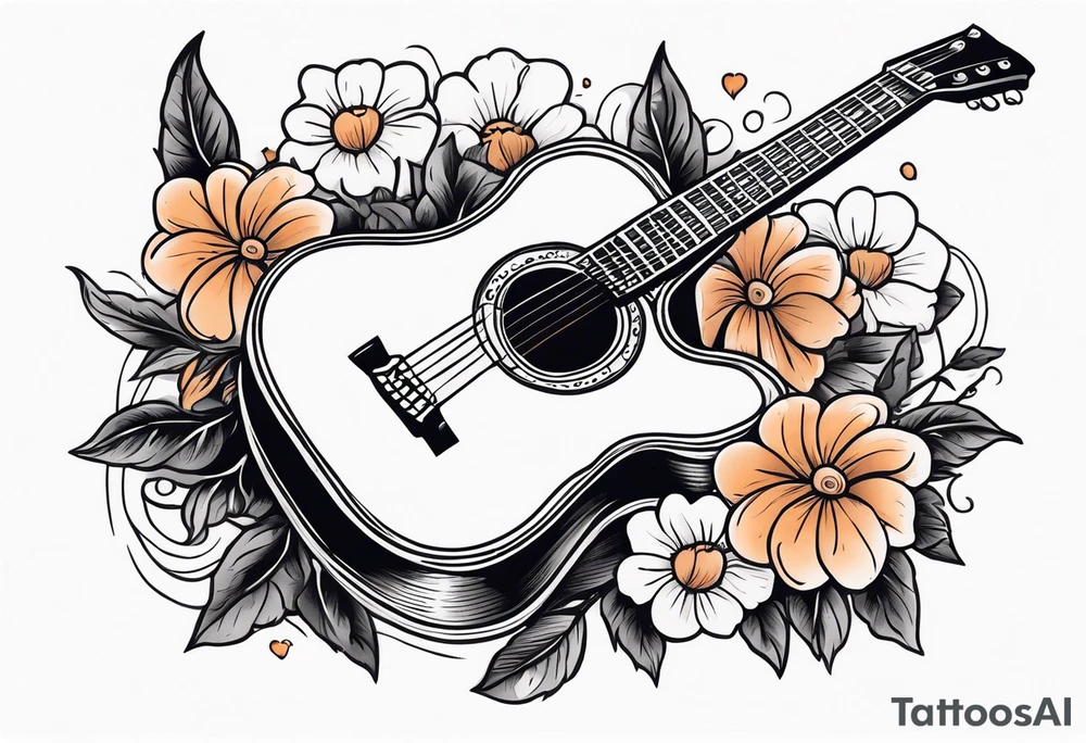 old school traditional vintage style design of guitar with flowers surrounding it tattoo idea