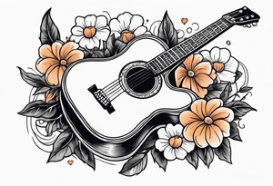old school traditional vintage style design of guitar with flowers surrounding it tattoo idea