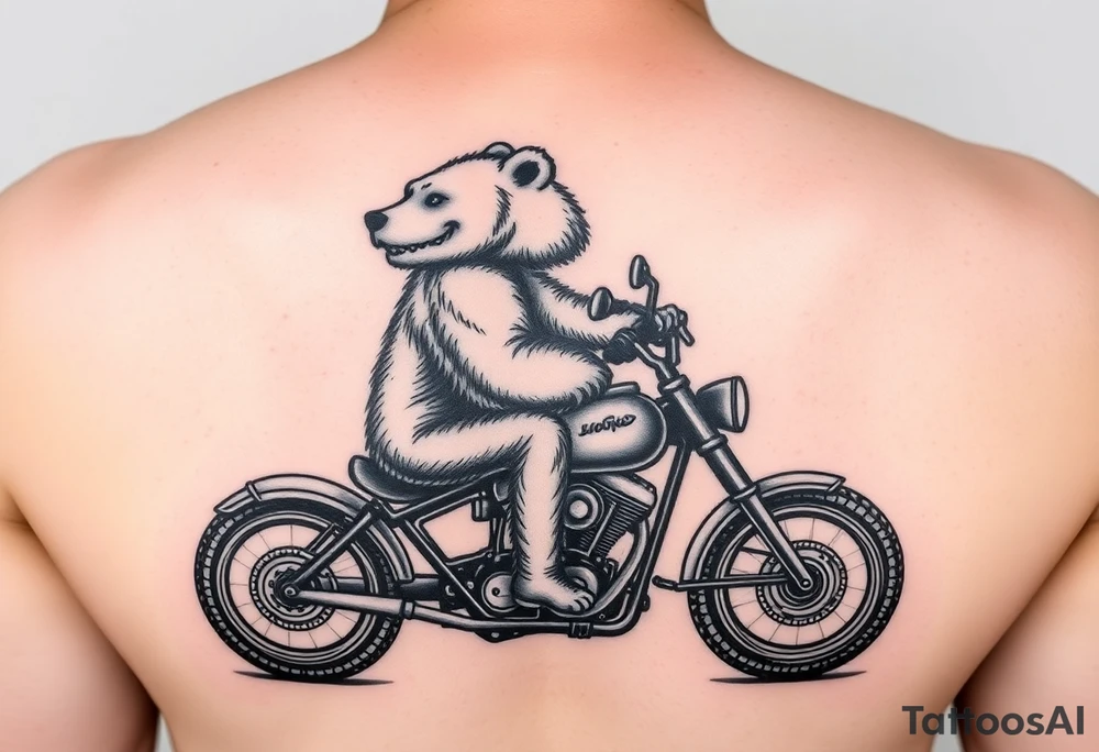 large smiling brown bear riding a motorcycle in side profile tattoo design tattoo idea