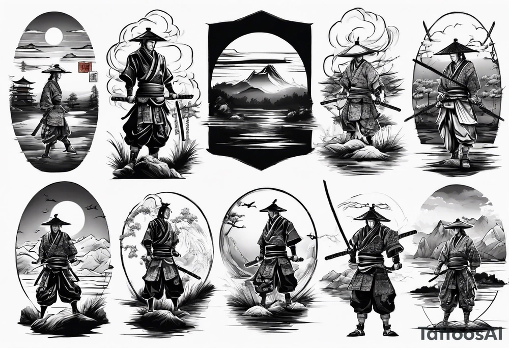 Samurai in the centre of a beautiful sunset landscape tattoo idea