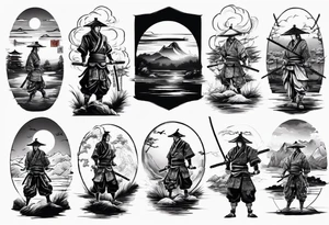 Samurai in the centre of a beautiful sunset landscape tattoo idea