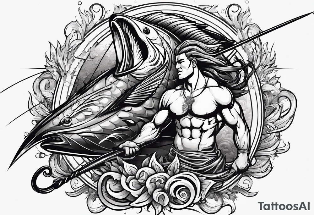 muscular
god 
posideon fighting a sport fish with a trident tattoo idea