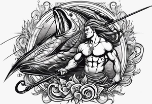 muscular
god 
posideon fighting a sport fish with a trident tattoo idea