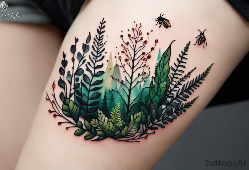 forest floor inspired minimalist tattoo, which includes grass, curly ferns, moss and dead leaves as the bulk of the tattoo. details to include: forest berries, a tiny bumblebee flying nearby, three small brown mushrooms
Generate a vertically long one tattoo idea