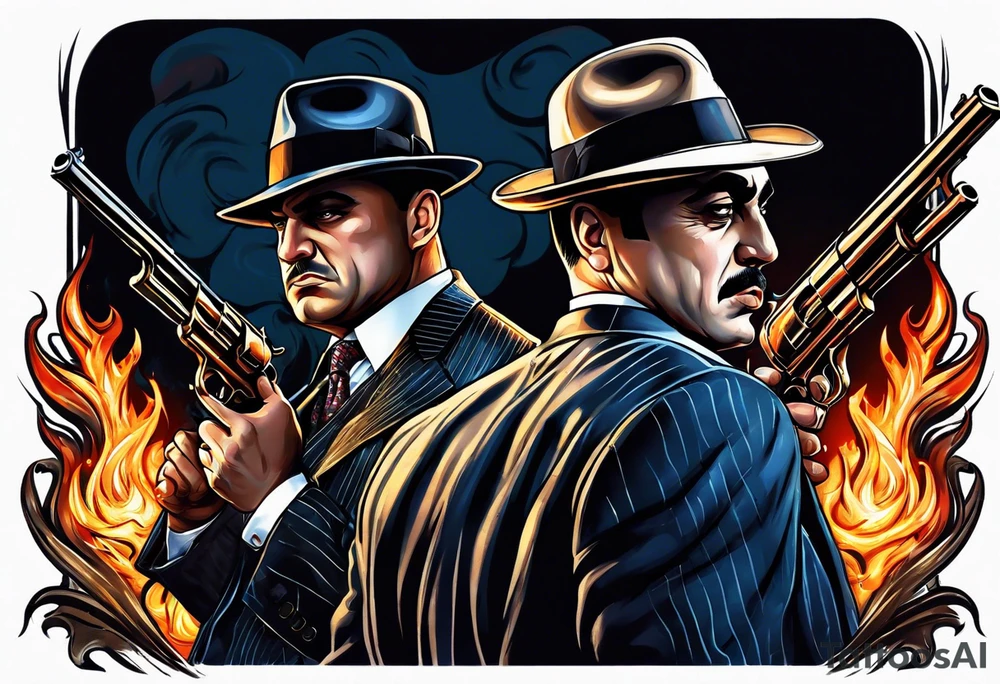 capone style gangsters having a shootout against a dark background scene with flames blues tattoo idea