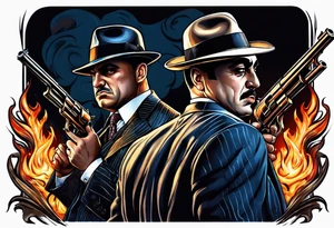 capone style gangsters having a shootout against a dark background scene with flames blues tattoo idea