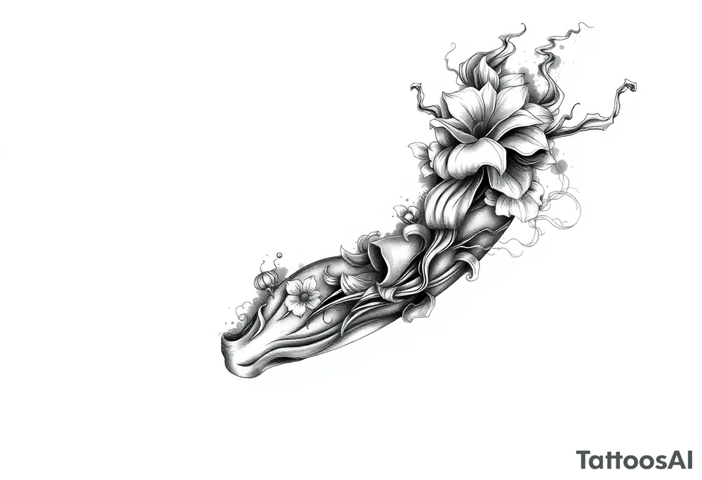 Tattoo sleeve filler using smoke, ash, and fragmented memory effects, organic flow wrapping around arm muscles, soft gradients, negative space, black and grey realism, seamless transitions between main tattoo elements. tattoo idea