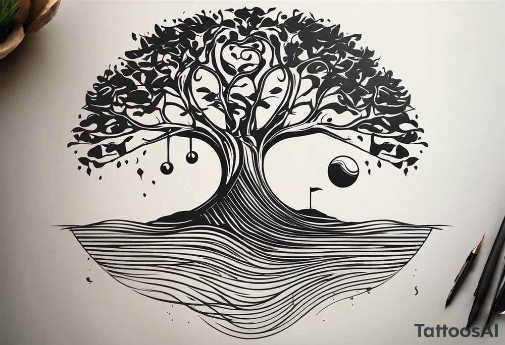 A tattoo design that incorporates the following elements: an abstract tree of life that has roots emerging  from the ground. Waves of water wrap around the tree in a non symmetrical design.  Incorporate musical notes into the tree. the letters U and A are overlapping and engraved into the tree. The game of golf incorporated but not prominent. tattoo idea