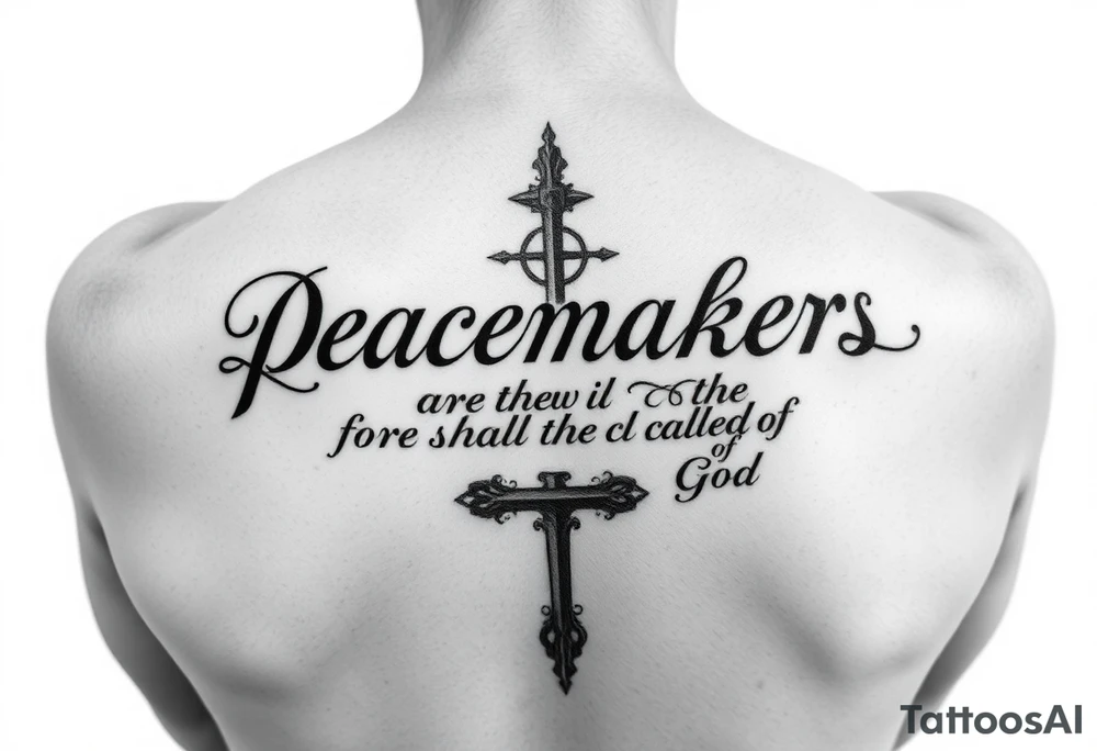 I already have a tatoo on my left pectoral that says Matthew 5:9 6" long and 1" high and want to add "Blessed are the peacemakers for they shall be called the children of God" with some sort of art. tattoo idea
