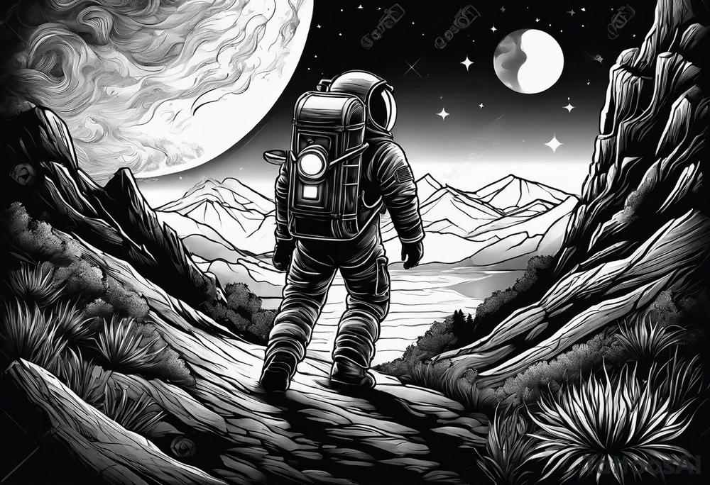 An astronaut using a lantern to walk through beautiful landscape in the dark tattoo idea