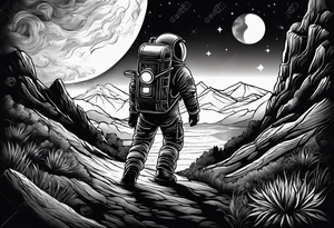 An astronaut using a lantern to walk through beautiful landscape in the dark tattoo idea