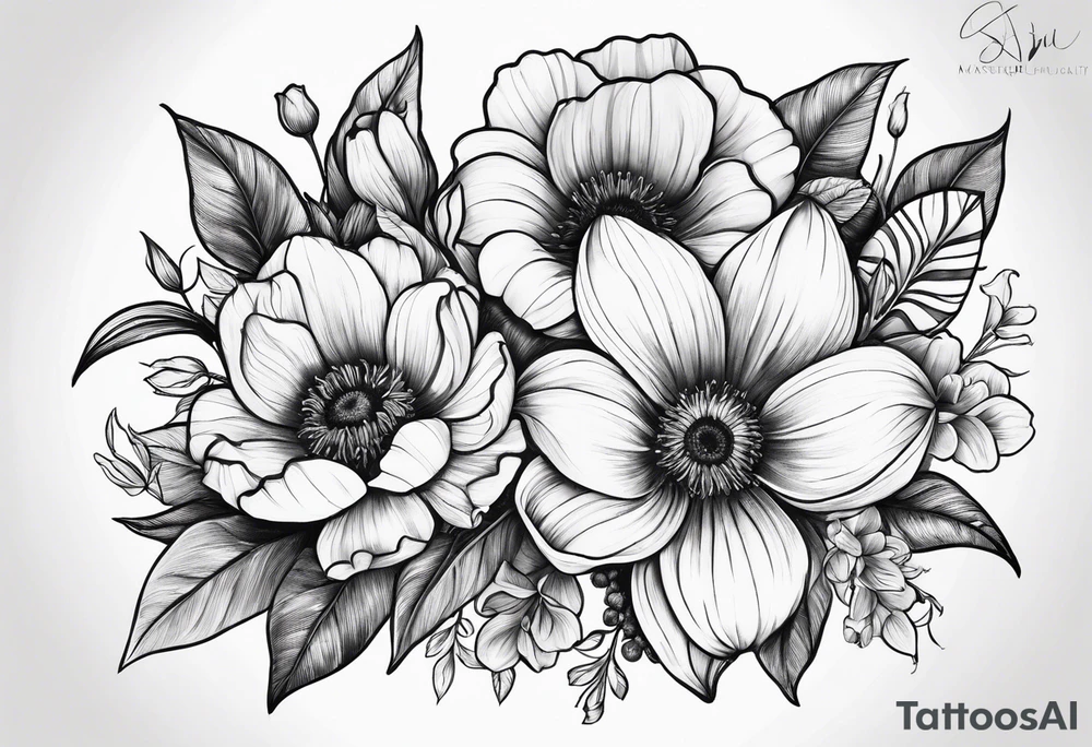February, October and June birthflowers tattoo idea