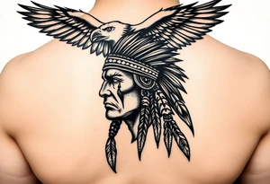 tear indian warrior with Hawk above in background, flat silhouette except Indian warrior face w tear, show it strength, honor, love, spirit.. tattoo idea