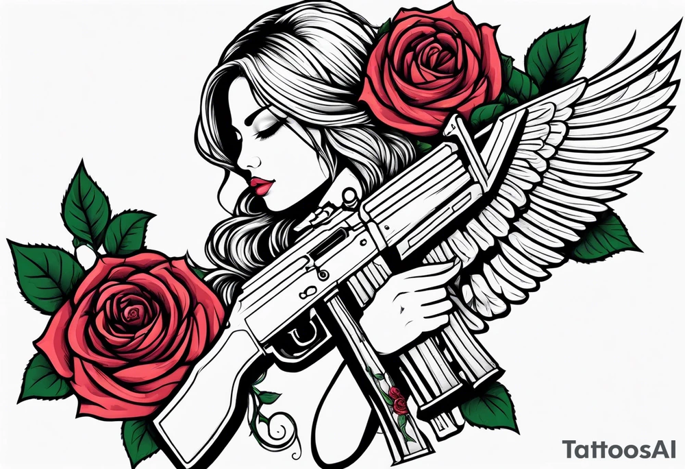 Beautiful angle with wings and tattoos surrounded by roses holding a ak 47 tattoo idea