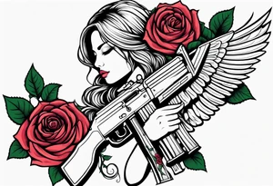 Beautiful angle with wings and tattoos surrounded by roses holding a ak 47 tattoo idea