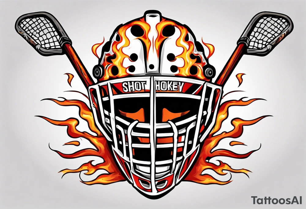 a goalie mask with crossed hockey sticks and flames that says "SHOT HOCKEY" tattoo idea