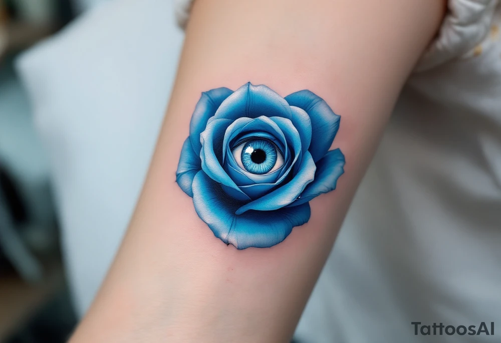 Surreal blue rose with an eye at the center, deep blue petals surrounding a realistic, icy blue human eye. tattoo idea
