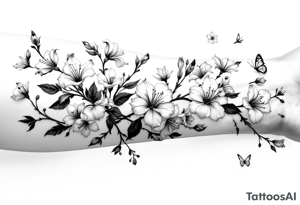 on forearm with Irises flowers, cherry blossom and a little butterfly tattoo idea