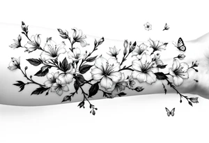 on forearm with Irises flowers, cherry blossom and a little butterfly tattoo idea