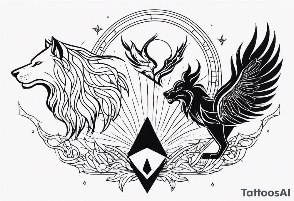 Lion,  wolf,  and phoenix tattoo idea