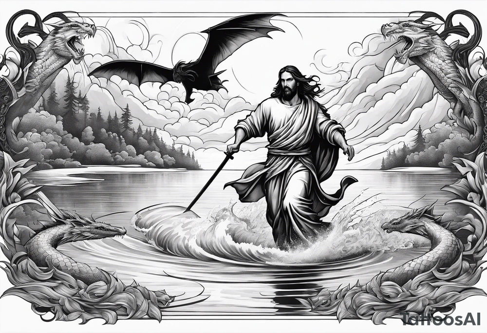 Jesus running across a lake and stabbing a dragon with a spear tattoo idea