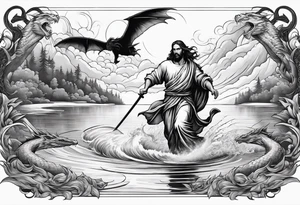 Jesus running across a lake and stabbing a dragon with a spear tattoo idea