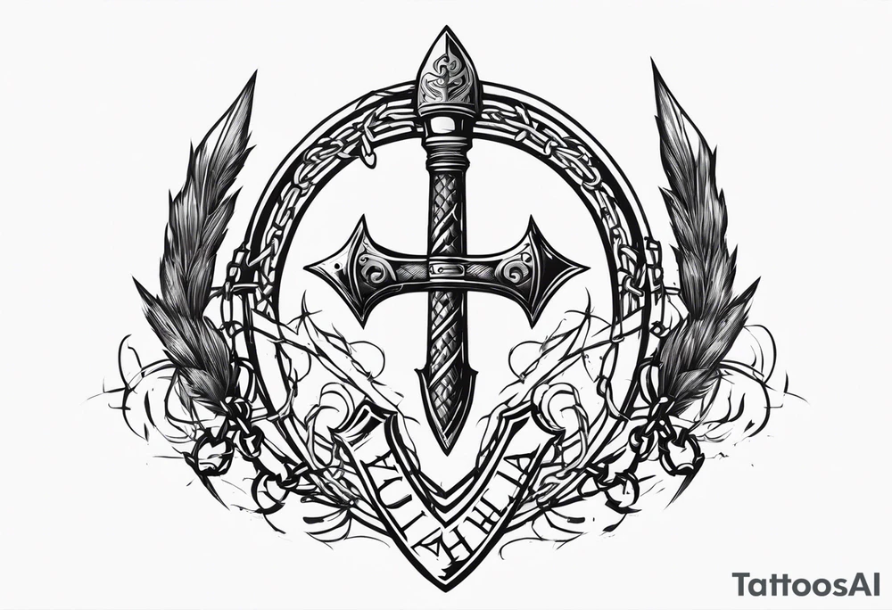 Valhalla round shield axe barbed wire chains tattoo idea