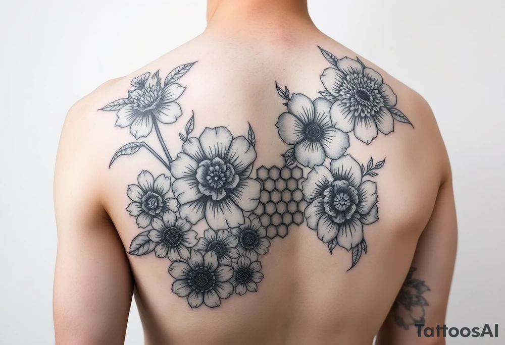 Arm sleeve with a variety of flowers and honeycomb filler tattoo idea