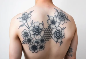 Arm sleeve with a variety of flowers and honeycomb filler tattoo idea
