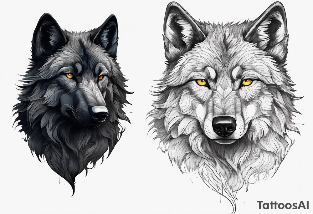 Create a tattoo of a black wolf with mountain/lake but different full selves tattoo idea