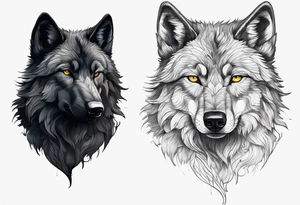 Create a tattoo of a black wolf with mountain/lake but different full selves tattoo idea