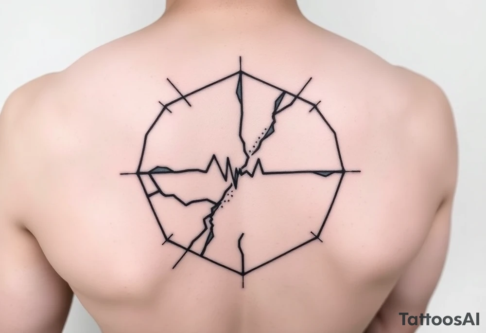 An abstract masculine tattoo featuring a fragmented geometric shape, like a cracked hexagon or shield, with asymmetrical broken pieces. Sharp angular lines radiate from the fractures, symbolizing strength emerging from brokenness. A single bold diagonal stroke crosses the shape like a heartbeat line, representing persistent love and resilience. Small fine dots near the edges add subtle detail and emotional depth. The design uses clean black lines, strong contrast, and minimalist style focusing on power and complexity. tattoo idea