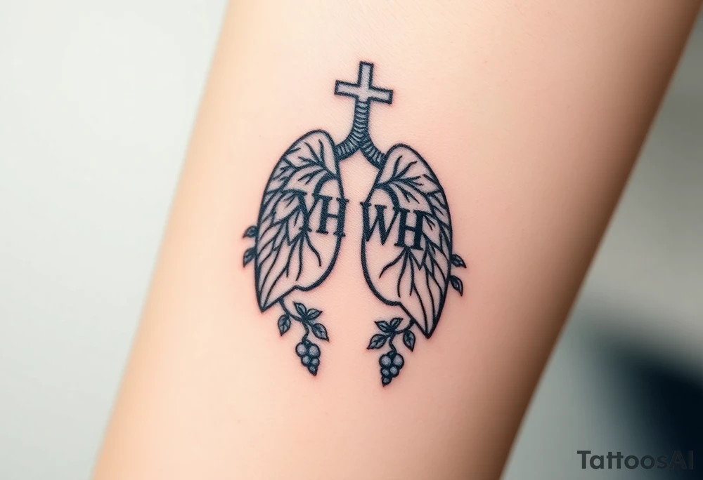 Initials YH WH in lungs with cross and grape vines tattoo idea