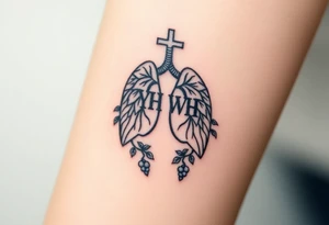 Initials YH WH in lungs with cross and grape vines tattoo idea