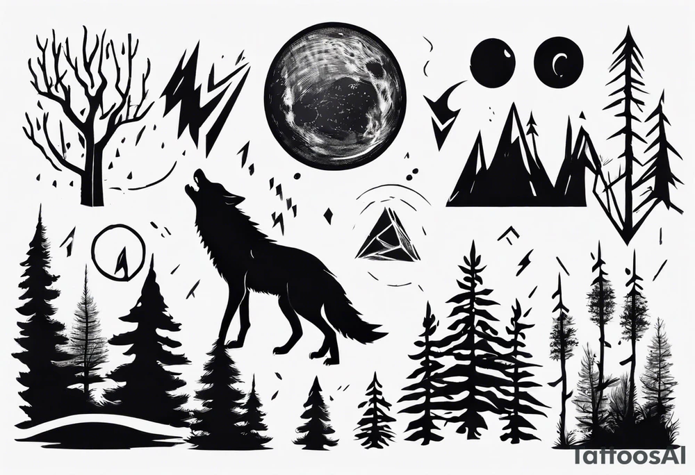 thunderstorm over a forest with a wolf howling on drums tattoo idea thunderstorm over a forest with a wolf howling on drums tattoo idea