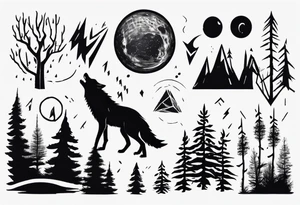 thunderstorm over a forest with a wolf howling on drums tattoo idea