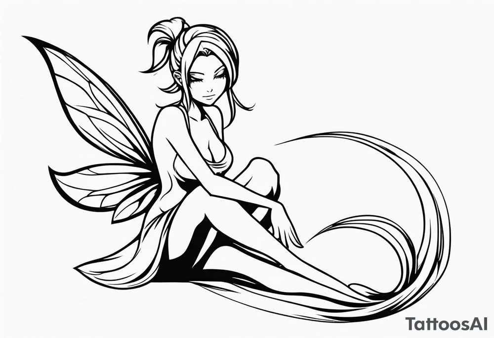 No color fairy with a tail inspired by the logo of the show called Fairy Tail in a fetal position leaning in tattoo idea